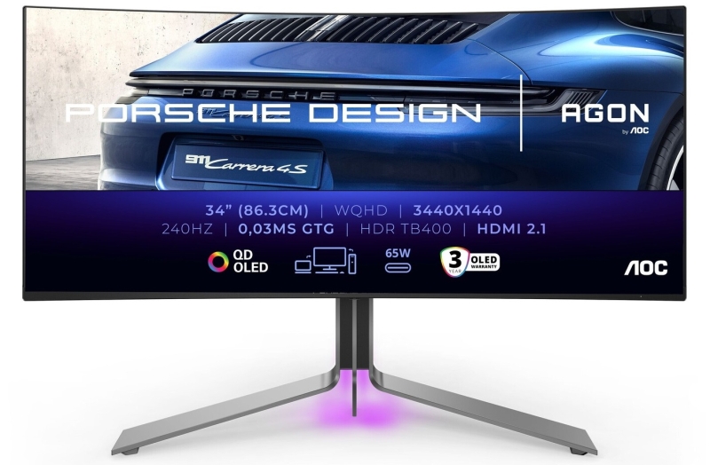 AOC и Porsche Design выпустили изогнутый игровой монитор Porsche Design AGON PRO PD34 — 34 дюйма, QD-OLED, 1440p и 240 Гц