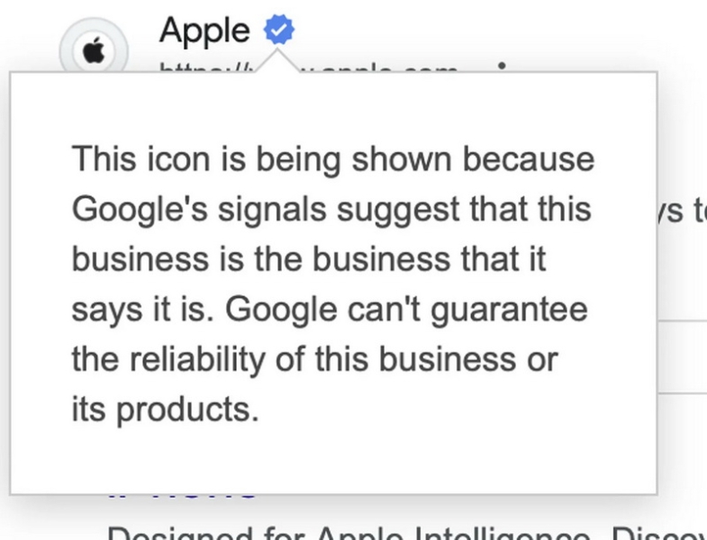 Google тестирует в поисковой выдаче синие галочки, которые означают что «этот сайт — это именно тот сайт»